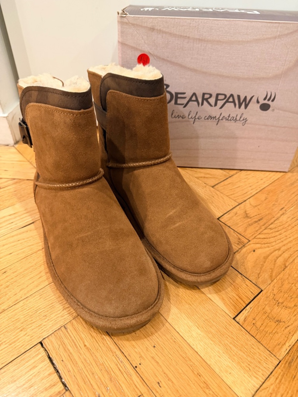 BEARPAW Brown Suede Sheepskin Buckle Ankle Boots Size 11